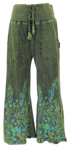 GURU SHOP Palazzohose, Boho Baumwollhose, Hippiehose mit Blüten, Schlaghose - Grün, Damen, Size:S