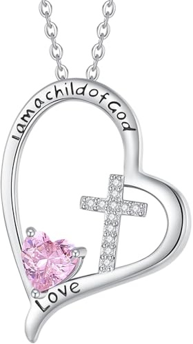 RAODA I Am a Child of God Necklace Baptism First Communion Gifts for Girls initial heart necklace 4-6 girls' birthstone jewelry for girls 6-8 Heart Cross Gifts 18K White Gold Plated Necklace for Teen