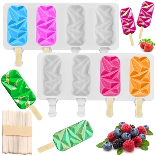 2 Pack Silicon Popsicle Molds for Cake Pop, Large 4 Cavities BPA Free Diamond Oval Ice Pop Maker Molds with 50 Wooden Sticks for DIY Ice Cream, Summer Cake Pop, Cakesicles