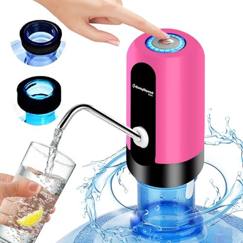 EASYSPEED Dspensador de Agua con 2 adaptadores, Bateria USB 1200 mah, Grifo Bomba dosificador automático para garrafas y Botellas de 5 8 10 12 15 20 litros para oficinas y escuelas,Carmín