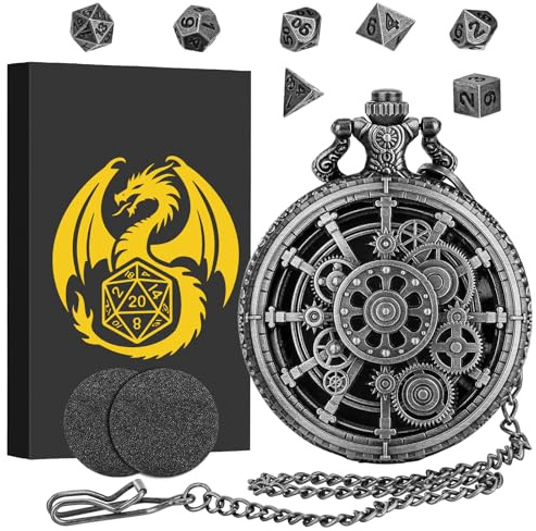 Mini DND Dice Set with Steampunk Dark Silver Hollow Gear Pocket Watch Shell Case, 7pcs Polyhedral Metal D&D Dice, DND Gifts with Gift Box for DND Lovers, Role Playing Board Games Accessories