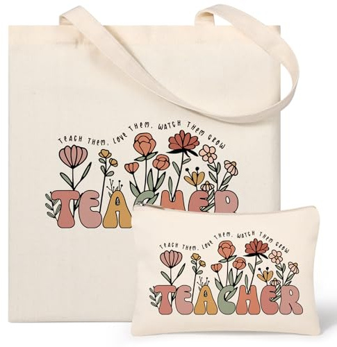 Borsa tote in tela per insegnanti, regalo di apprezzamento per insegnanti con borsa Comestic, Beige, Large