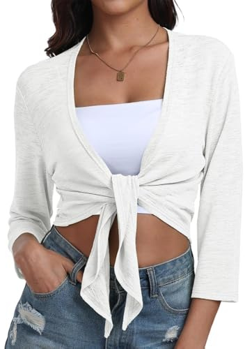 PrinStory Coprispalle da donna con scollo a V, casual, leggero, con laccetto frontale, manica a 3/4, top morbido, candeggina bianca, L