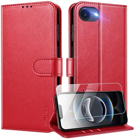 UITUIM Coque pour iPhone 16e / iPhone 17e Coque Etui Portefeuille Cuir avec Verre Trempé Protection Écran Porte Carte Rabat Clapet Flip Case Étui Cover Housse Etui,Rouge