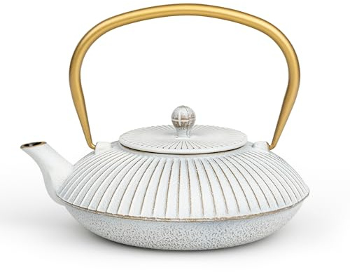 Bredemeijer weiße flache Asia Teekanne Induktion 1.1 Liter - kleine emaillierte Gusseisenkanne mit Edelstahl Teefilter-Sieb-Einsatz