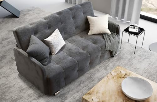 MOEBELPAKET PRIMA - Schlafsofa mit Bettkasten für Wohnzimmer 201 cm Breite, Schlafcouch, Wasserabweisender Stoffbezug, Farbe: Dunkelgrau