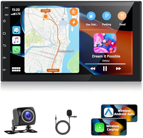 Motorsi Carplay Autoradio Schermo con Wireless Android Auto, Android 2 Din 7 Pollici Touchscreen con 4GB+64GB GPS Bluetooth SWC FM/RDS Radio WiFi USB Ricevitore + AHD Telecamera Posteriore