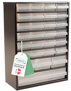 raaco Ripiano per piccoli oggetti, C9-28, carico 26 kg, 15 x 30,6 x 42 cm, 26 cassetti, in acciaio rivestito, adatto per montaggio a parete, mensola a vite con scatole di smistamento per piccoli