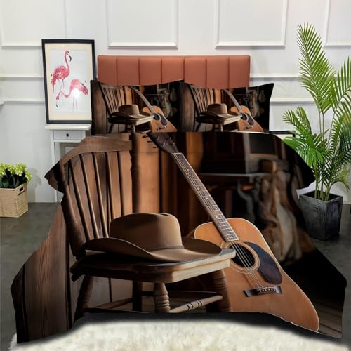 DLERFLOVR Edredón Relleno Nórdico 4 Estaciones Cama 105 200x200cm - Edredón Guitarra De Música Retro Nórdico Estilo Rústico Campestre Suave Transpirable para Invierno, Primavera y Otoño, Marrón