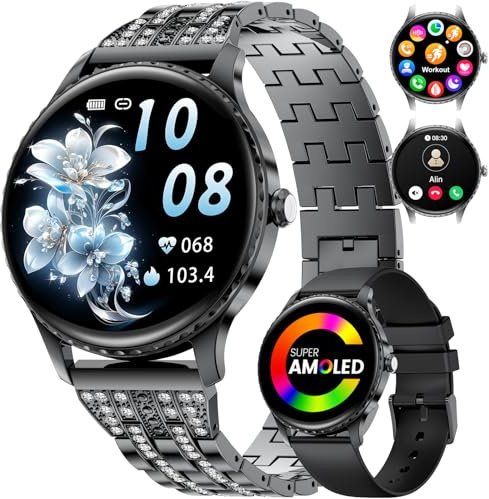 LIGE Montre Connectée Femme avec Appel Bluetooth, 1.32 AMOLED Ronde Smartwatch Femme avec 100+ Modes Sportifs, Fréquence Cardiaque, Sommeil, IP68 Étanche Android iOS, Noir Acier Inoxydable