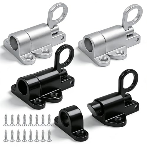 Nureeca Juego de pernos de puerta con resorte, 2 negros y 2 plateados con 16 tornillos, pernos retráctiles resistentes para puerta de jardín, cobertizo, ventana, armario y jaula de animales