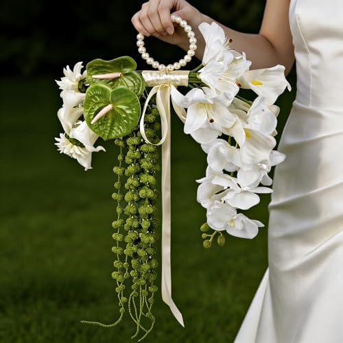 Wedding Bouquets for Bride Bridesmaid - White Artificial Calla Lily/Lily/Orchid Flowers with Pearl Handle & Ribbon, 18.9'' Handheld Bridal Bouquet for Wedding Marriage Proposal Party Church Decoration