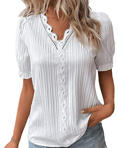 AMDOLE Summer Tops for Women UK Ladies Tops Lace Top V Neck Plain Elegant Shirt Fashion Solid Color Elegant T Shirts Short Sleeve Plus Size Blouses Ladies Soft Comfy Classic-Fit Dressy Casual Blouse