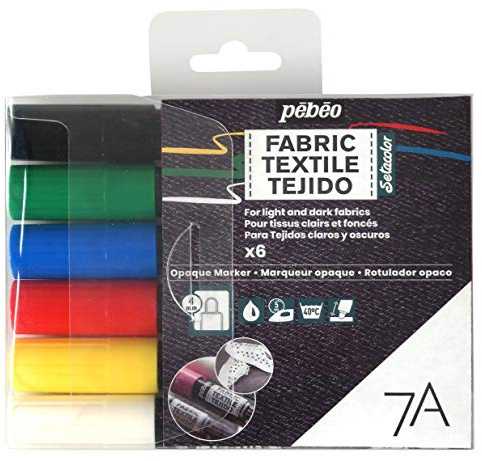 Pébéo 804501 - Set di 6 pennarelli per tessuti e tessuti scuri multicolore, assortimento base punta rotonda 4 mm