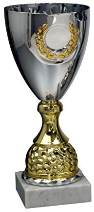 Henecka Pokal Serie Klondike, Silber-Gold, mit Wunschgravur und auswählbarem Sport-Emblem, Größe 40,5 cm