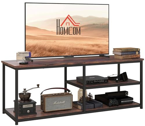 HOMCOM TV Unit for 55 inch TVs, Industrial TV Table with 2 Storage Shelves and Metal Frame, Entertainment Unit For living Room, Rustic Brown