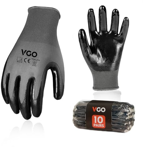 Vgo... 10 paia Guanti Lavoro Rivestiti Nitrile, Guanti da Giardinaggio Meccanico Spalmato Poliuretano con Palmo Impermeabile, NT2110 Grigio, Taglia L