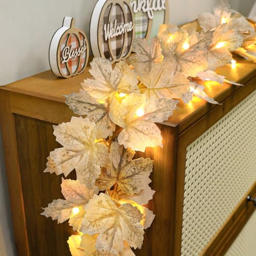 Timer - 2 Pack Thanksgiving Decorations Fall Garland with Lights Fall Decorations for Home, Maples Leaves Garland Thanksgiving Lights Total 13Ft 40LED Battery Operated Indoor Outdoor Christmas Decor