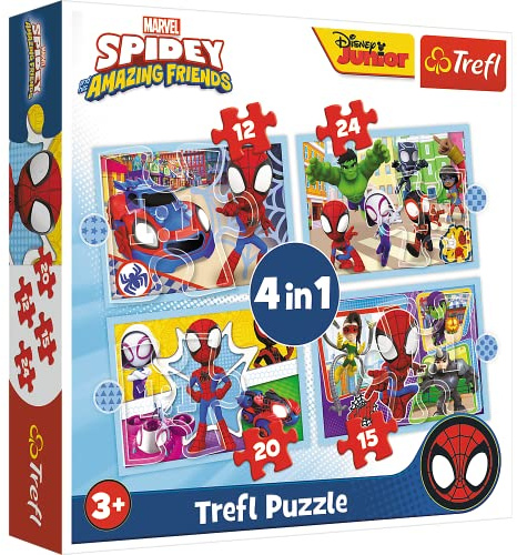 Trefl - Spidey and His Amazing Friends, Bande de Spidey, Puzzle 4en1, 4 Puzzles, 12 à 24 Pièces - Puzzles Colorés avec Les Personnages de Dessins Animés Marvel Spidey et Super Buddies
