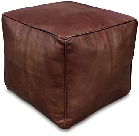 See the Good Quadratischer Leder Pouf - Handgefertigt - gefüllt geliefert - Ottoman, Sitzsack, Fußhocker (Braun)