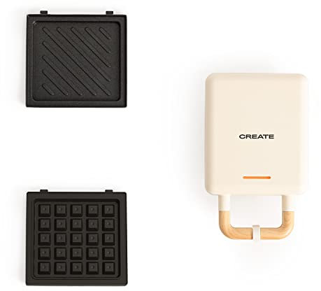CREATE/STONE STUDIO/Sandwichera-Grill y gofrera-grill y gofrera individual blanco roto / 2 placas intercambiables: Sandwich y Gofre, antiadherente, 1 rebanada, apertura 100º, autoapagado, 600W