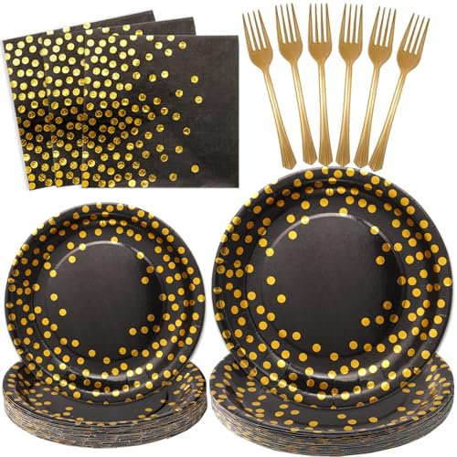 SCIONE 96PCS Black and Gold Paper Plates Set – Includes Paper Plates, Napkins, Forks – Elegant Tableware for 24 Guests – Ideal for Party, Christmas, Halloween, Birthday Decorations