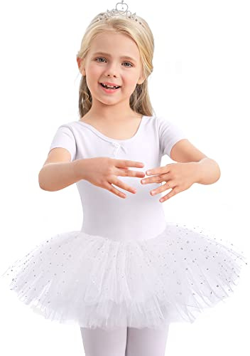 Aiseyi Abito da Balletto per Bambina con Paillette - Tutù in Cotone a Maniche Corte, Bianco, 100 cm