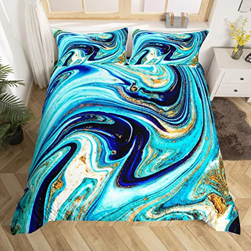 Homewish Blaue Marmor Bettwäsche Sets 135x200 Aquarell Abstrakte Tröster Abdeckung,Türkis Berg Fluid Bett Set Stein Muster Bettbezug,Gold Metallic Quilt Cover mit 1 Kissenbezug