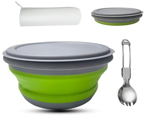 RMAMSCOV Campingschüssel, 1 x faltbare Schüssel aus lebensmittelechtem Silikon, Lunchbox, Salatschüssel mit Deckel, erweiterbares Lebensmittelbehälter-Set mit faltbarem Geschirr und