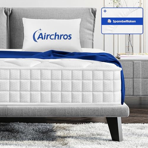 Airchros Matratze 90x200 cm Federkernmatratze Höhe 22cm orthopädische 7-Zonen Härtegrad H3,Matratzen mit Spannbettlaken Öko-Tex Zertifiziert,Tonnentaschenfederkernmatratze für Kinder und Erwachsene
