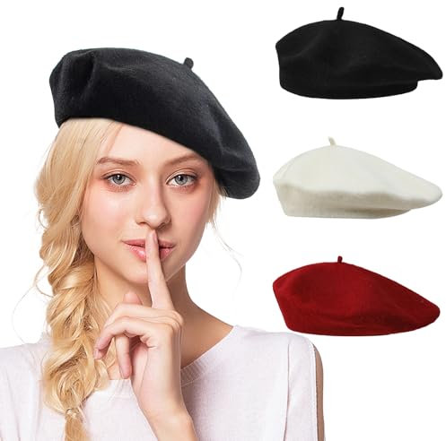 JSTHHTT 3 Stück Französische Klassische Baskenmütze Barett, Klassisch Plain Französischer Stil Barett Stilvolle Kappe Wolle Chic Moderne Künstler Maler Hut, Baskenmützen & Barette für Damen