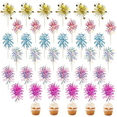 Bekecidi Cupcake-Topper, 60 Stück, bunt, glitzerndes Lametta-Feuerwerk, Cupcake-Topper, glitzerndes Lametta, Cocktail-Obst-Zahnstocher für Kuchendekoration, Partyzubehör (6 Farben)