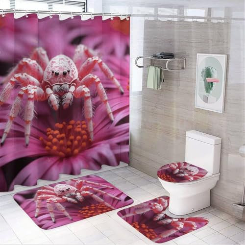 Ensemble de salle de bain 4 pièces avec motif araignée rouge sur fleur, imperméable et antidérapant, tapis de douche, housse de toilette avec coussinet en polaire corail antidérapant