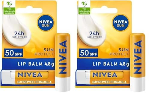 NIVEA SUN Protect Caring Lip Balm SPF50 (5.5ml), Factor 50 Lip Balm with Shea Butter, Protection Against UVA/UVB Rays with 24H Moisture, Lip Care, No White Cast (Pack of 2)