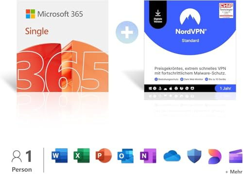 Microsoft 365 Single │ 1 Jahr | 1 Person │ Office Apps mit KI | 1 TB Cloudspeicher | verlängert für 99€ + NordVPN Standard | 1 Jahr | 10 Geräte | VPN & Cyberschutz | Digitalcode