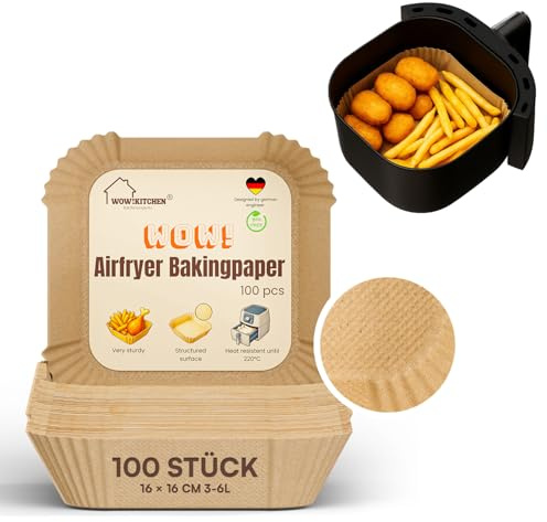 100 Stück Backpapier für Heißluftfritteuse Quadrat 16x16cm, 3-6 Liter, extra stabil durch strukturierte Oberfläche, Antihaft Einwegschalen airfryer backpapier, Für: Ninja, Consori, Philips