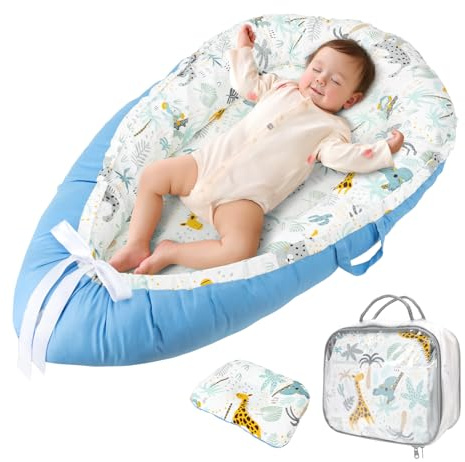 Baby Nest Pod for Newborn Sleep：Deluxe Sleeping Lounger Bed Plus Pillow for 0-36 Months Sleepy Babies - Portable Travel Cocoon Set for Boy(Blue)