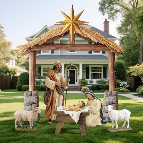 MorningRo 6 Pcs Large Christmas Nativity Scene Set 81 Tall Metal Holy Family Yard Sign with Jesus Joseph Mary Sheep Outdoor Nativity Scene for Christmas Xmas Lawn Garden Outdoor Decor