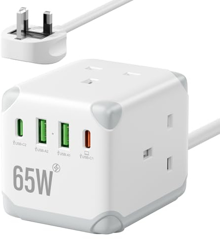 Cube Extension Lead with USB C PD65W Fast Charging, 3 Way Multi Plug Extension Socket with 2 USB-A & 2 USB-C Ports, UK Power Strip with Switch, 13A Fused Plug, 1.5M Extension Cable for Home Office