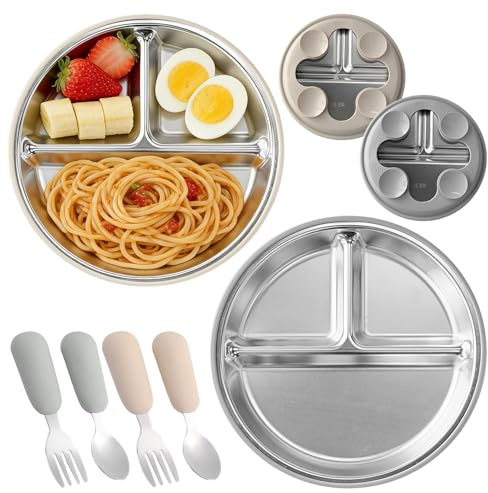 2 PièCes Assiettes En Acier Inoxydable Avec Ventouse BéBé Avec Un Lot De 2 CuillèRes Et Fourchettes, Ustensiles Pour Tout-Petits, Set Repas AntidéRapant Pour BéBéS Et Tout-Petits (Gris + Beige)