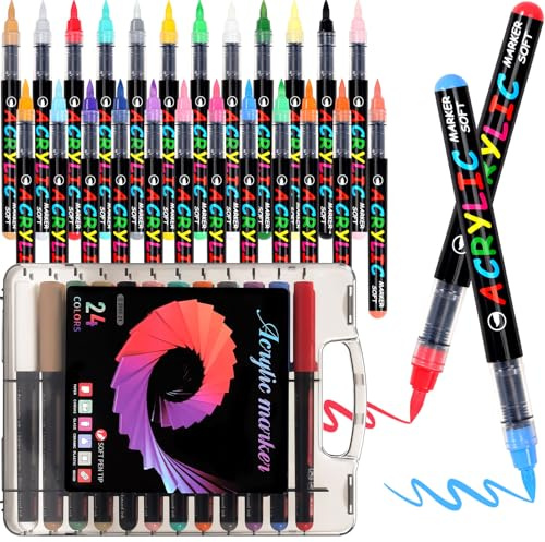 KIKIGOAL Lot de 24 marqueurs de peinture acrylique à pointe pinceau pour peinture sur roche, céramique, verre, bois, tissu, toile, artisanat, scrapbooking, fournitures artistiques pour adultes et