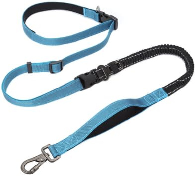 CoudarTitie Reflective Leash Versatile Dog Leash Hands Shoulder Leash Bungee Shock Absorbing Adjustable Traffic with Secure Buckle, Sky Blue, Width 2.5cm, Length 145-240cm