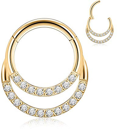 Double Nose Ring Septum Jewellery Daith Rook Helix Tragus Earring Daith Helix Jewellery Daith Rook Helix Piercing Jewelry Cartilage Conch Hoop Earrings 316L Surgical Steel 16G 8mm Gold CZ Paved