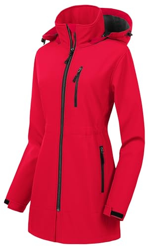 CREATMO US Women's Lightweight Hooded Long Softshell Hooded Ski Jacket Windbreaker For Running Walking Hiking Red XL
