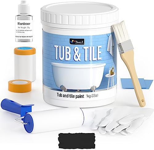 DWIL Tub Paint, Tub and Tile Refinishing Kit 33oz with Tools, Tile Refinishing Kit Black Bathtub Paint Water Based &Low Odor, Easy to Use Sink for Bathroom Kitchen, Semi-Gloss Black, 50-55sq.ft