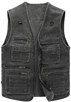 Hbufnha Chaleco de mezclilla para hombre, casual, con múltiples bolsillos, sin mangas, para trabajo, viajes, chaleco utilitario, 2#gris, 5XL