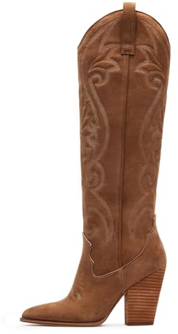 VOMIRA Knee High Cowboy Boots - Suede Women's Pointed Toe Chunky High Heels Pull-on Embroidered Western Wide Calf Cowgirl Boots