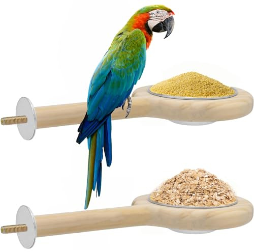 ASOCEA 2 Pack Bird Perch Feeding Cup, Bowls for Cage Wooden Perch Stand Hanging Bowls for Bird Cage Accessory Parrot Wood Perch Stand Toy for Parakeet Lovebird Cockatiel Budgie