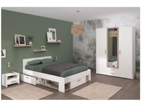 Chambre complete adulte - DREAM - Lit 140x190/200 cm + 2 chevets + armoire - Décor blanc et chene - PARISOT