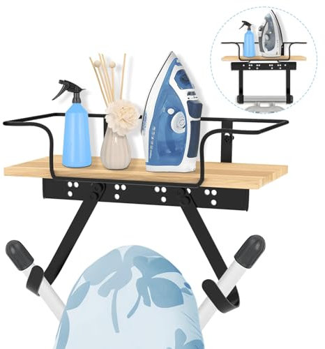 HAWAKA Support de planche à repasser pour buanderie, fer et planche à repasser, avec grand panier de rangement en bois et crochets amovibles, support mural en métal